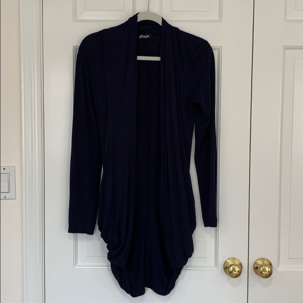 Style women’s navy blue drape jersey sweater